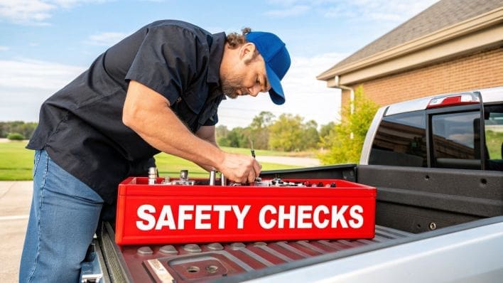 A person checking the tightness of bolts on a newly installed truck toolbox with a torque wrench.