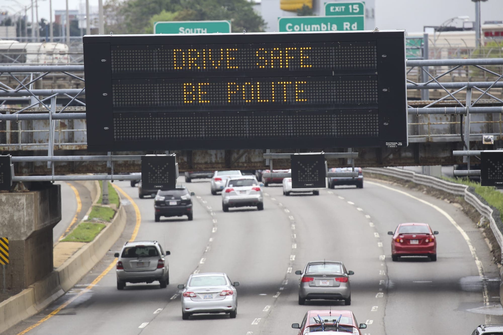 (Boston, MA 05/30/16) The new slogans on the MassDOT highway signs read 'Drive Safe Be Polite' and 'Stay Classy Massachusetts' as seen along I-93 Southbound in Boston on Monday, May 30, 2016